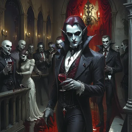 ArsMJStyle, dnddarkestfantasy, <lora:DnD_Darkest_Fantasy_Party:1>, Vampire Lord's Masquerade, The artwork depicts a grand but sinister masquerade ball. Elegantly dressed figures wear horrific masks, some faces inhuman beneath. Blood-red wine flows from fountains. Mirrors show empty reflections. A pale, regal vampire lord oversees from a balcony., no humans, vampire, masquerade, gothic, blood, mirrors, ballroom, masks, dark fantasy, elegant horror, supernatural, decadent