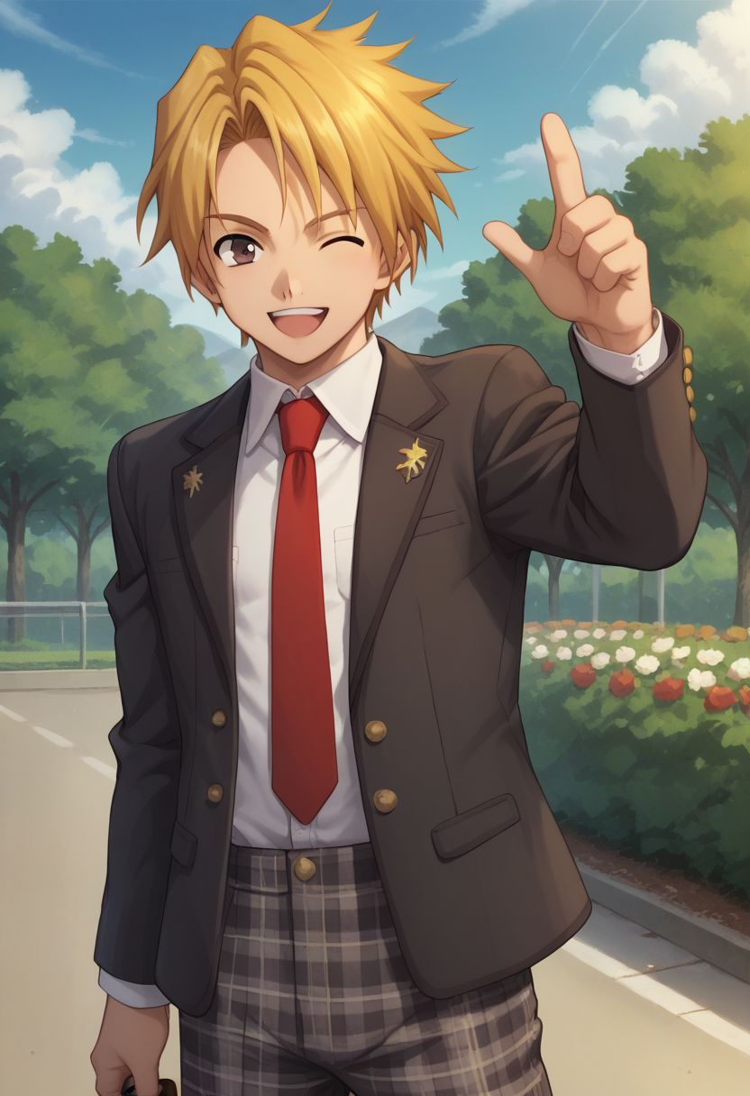 score_9, score_8_up, score_7_up, source_anime, 
cress, 1boy, solo, male focus, plaid pants, school uniform, necktie, blonde hair, pants, upper body, plaid, smile, wink, shoes, jacket, open mouth, red necktie, 
outdoor,