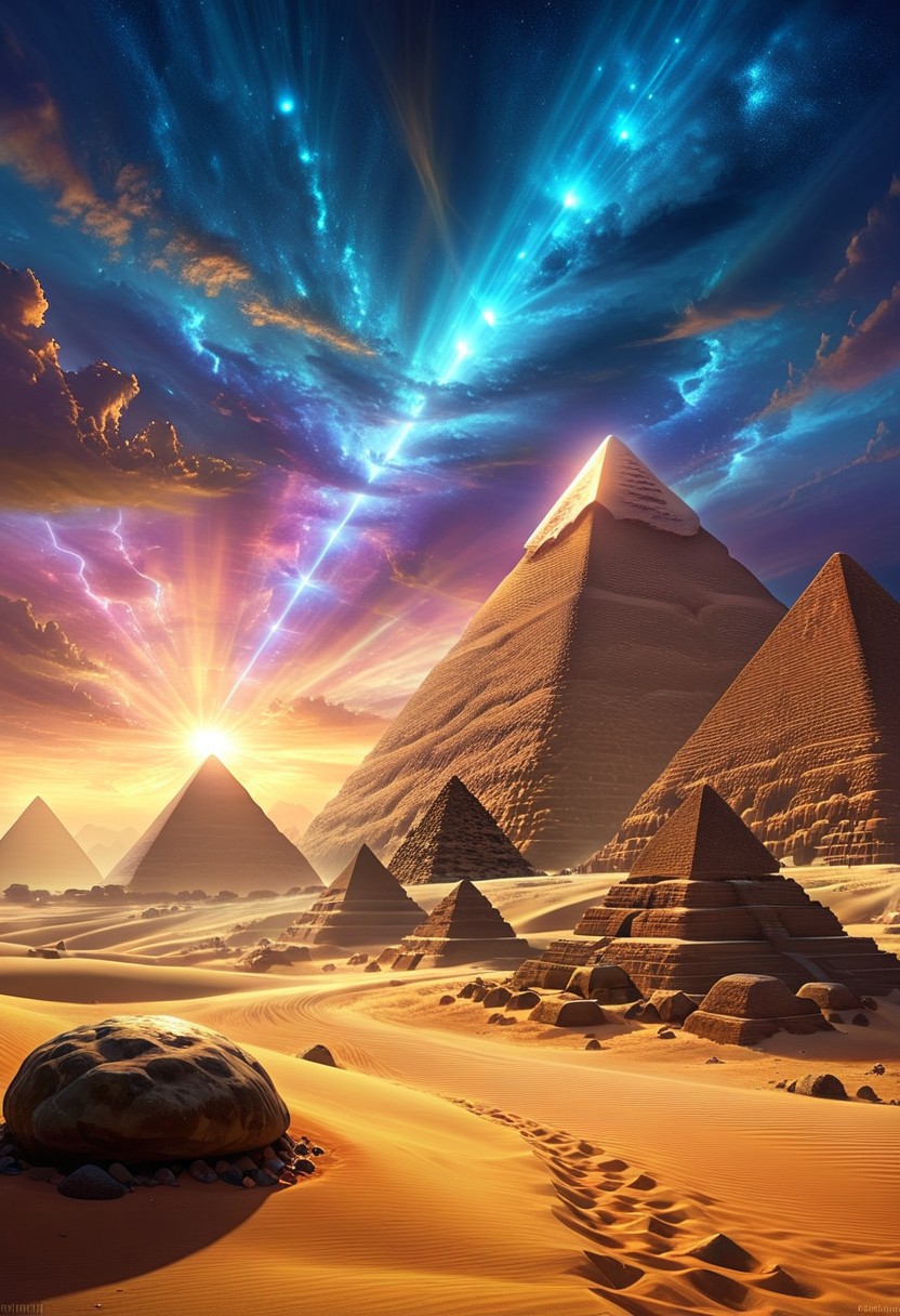 (by Ellen Jewett:1.5), (Bioluminescent Impressionism, Egyptian landscape, The Dreamland, Egyptian desert, sand, rock, great pyramids, fine pyramids, smooth pyramids, very smooth techno pyramids with great beams of light shooting up into the sky,  sky sunset, sunrise ,waterfall, ethereal landscapes, depth of field, biotech emotion:1.3) <lora:xl_more_art-full_v1:0.5> <lora:add-detail-xl:1> <lora:RMSDXL_Creative:2>, mountains, gleaming, beams of light, lthndrtrl