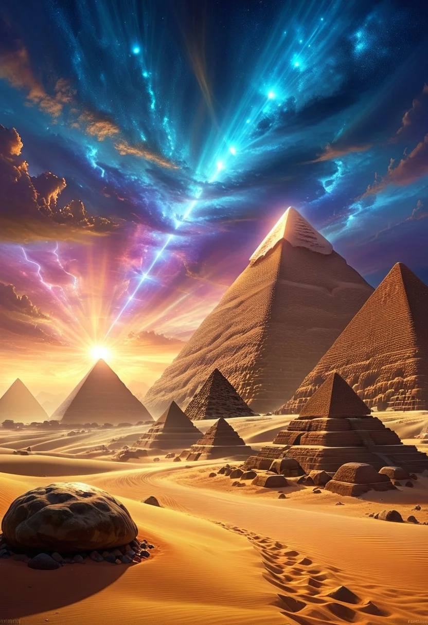 (by Ellen Jewett:1.5), (Bioluminescent Impressionism, Egyptian landscape, The Dreamland, Egyptian desert, sand, rock, great pyramids, fine pyramids, smooth pyramids, very smooth techno pyramids with great beams of light shooting up into the sky, sky sunset, sunrise ,waterfall, ethereal landscapes, depth of field, biotech emotion:1.3) <lora:xl_more_art-full_v1:0.5> <lora:add-detail-xl:1> <lora:RMSDXL_Creative:2>, mountains, gleaming, beams of light, lthndrtrl