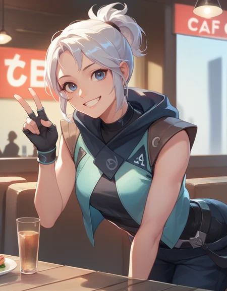 score_9, score_8_up, score_7_up, source_anime
<lora:jett-ponyxl-000020:1> j37t, bodysuit, cropped jacket, hooded jacket, fingerless gloves,
1girl, solo, smile, leaning forward, v, cafe restaurant