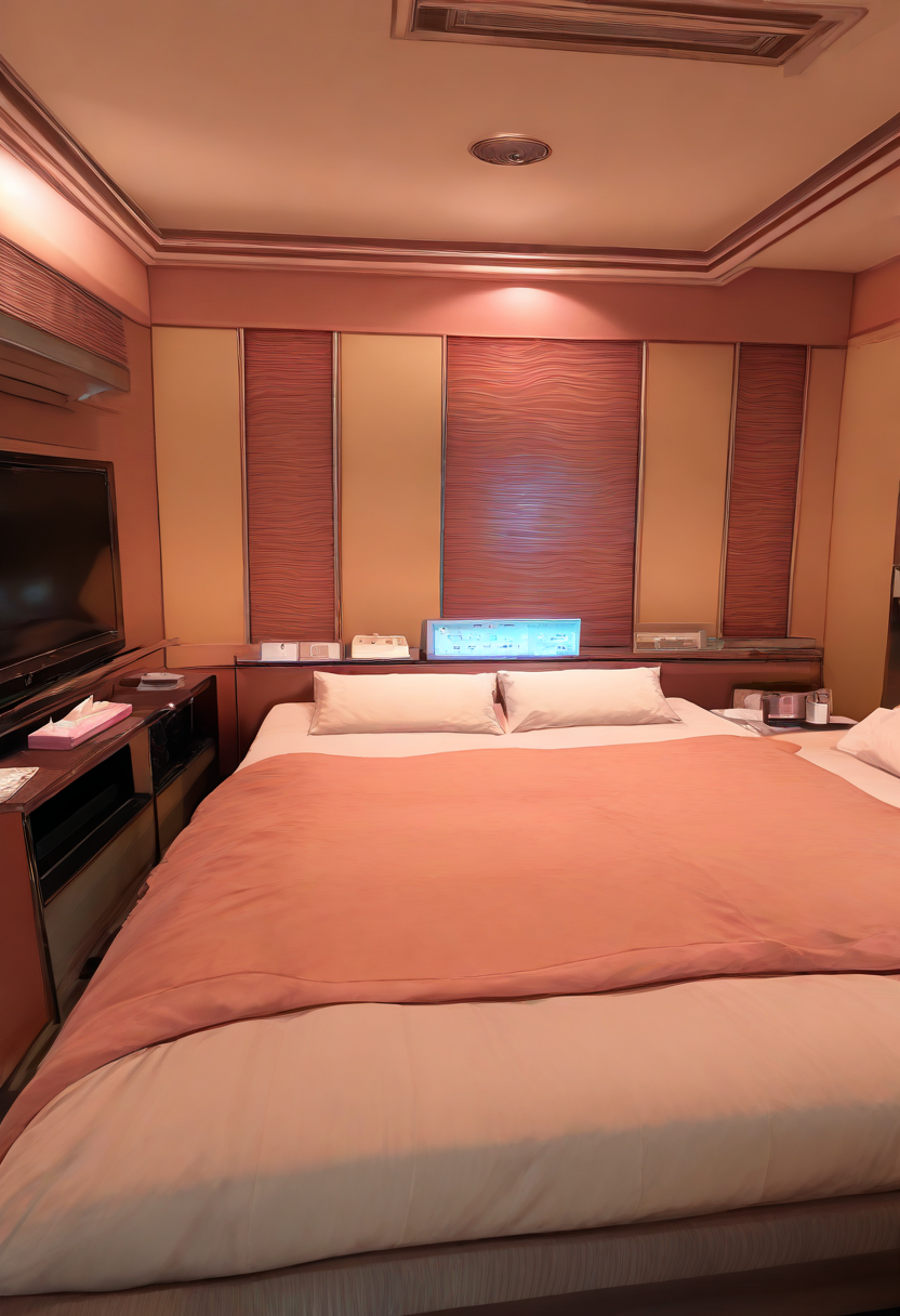 lovehotel, scenery, indoors, table, couch, television, bed, pillow, blanket, LHbedpanel, phone, tissue box, 
masterpiece, best quality, amazing quality, very aesthetic, absurdres, newest,
<lora:lovehotel_Illustrious_V1P:1>