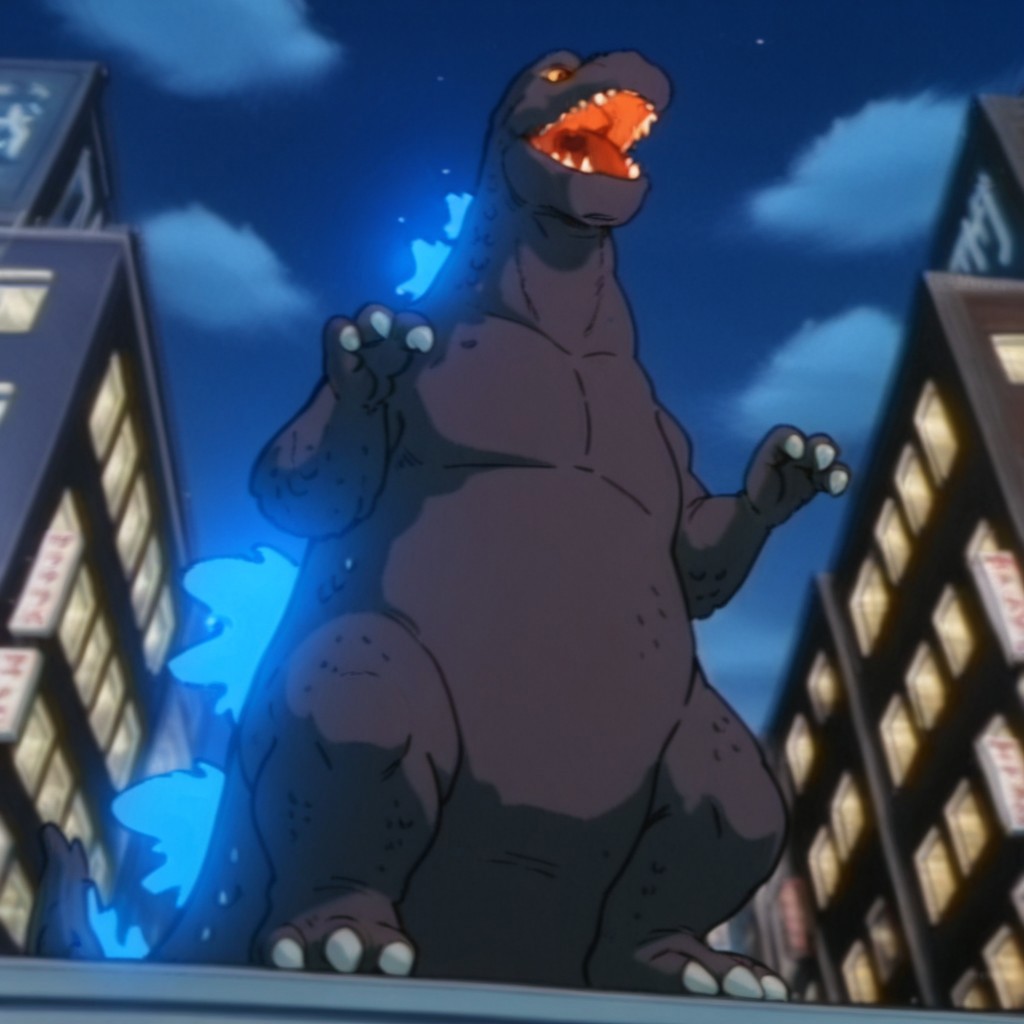 masterpiece, best quality, amazing quality, godzillaDSil, feral, male, godzilla, grey skin, glowing blue back spines, , yellow sclera, orange eyes, tail, hands up, city ,solo, full body, 3toes, open mouth