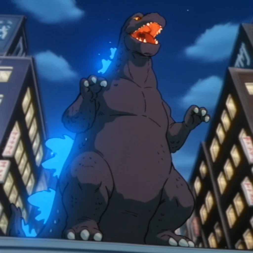 masterpiece, best quality, amazing quality, godzillaDSil, feral, male, godzilla, grey skin, glowing blue back spines, , yellow sclera, orange eyes, tail, hands up, city ,solo, full body, 3toes, open mouth