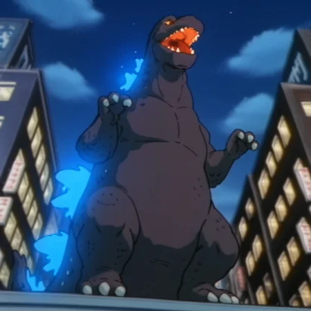 masterpiece, best quality, amazing quality, godzillaDSil, feral, male, godzilla, grey skin, glowing blue back spines, , yellow sclera, orange eyes, tail, hands up, city ,solo, full body, 3toes, open mouth