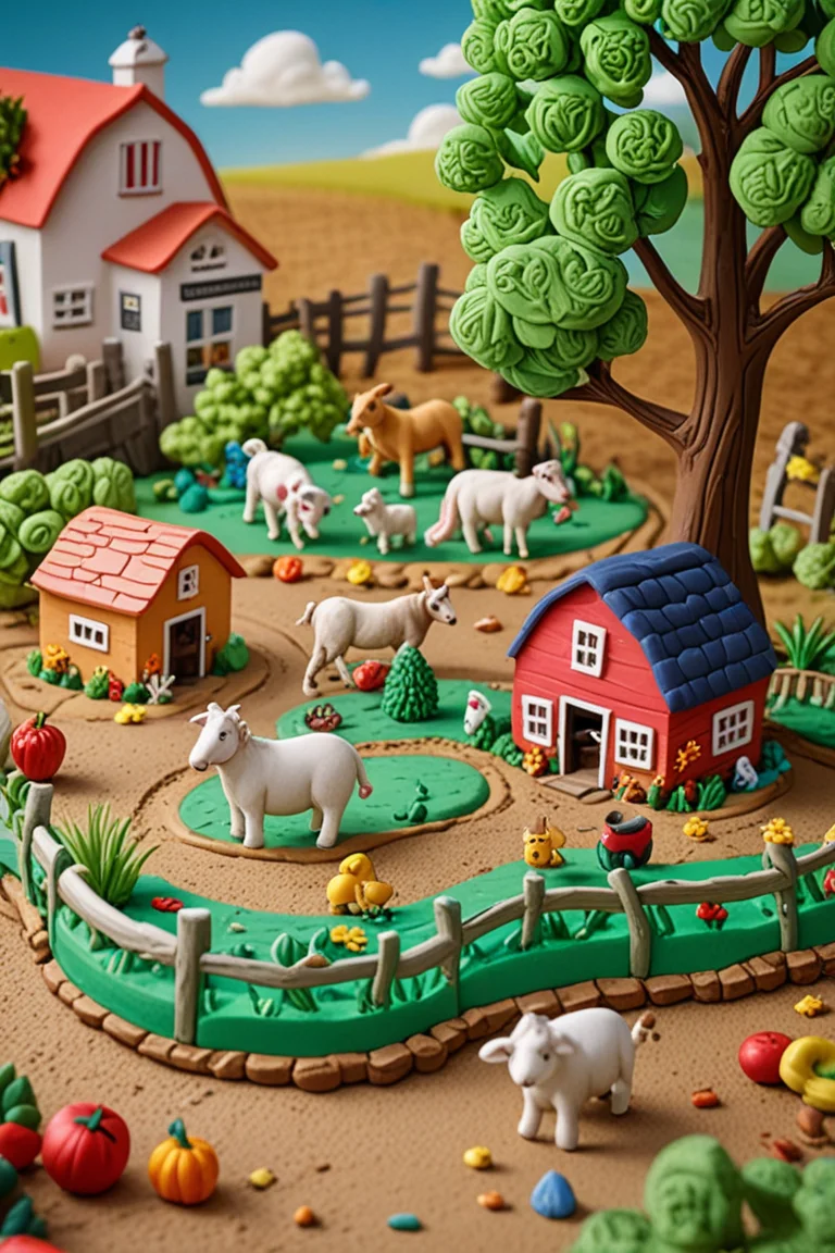 play-doh style  A quaint countryside farm where animals frolic and crops flourish, interspersed with whimsical toys scattered about, bringing a delightful blend of nature and playfulness, . sculpture, clay art, centered composition, Claymation