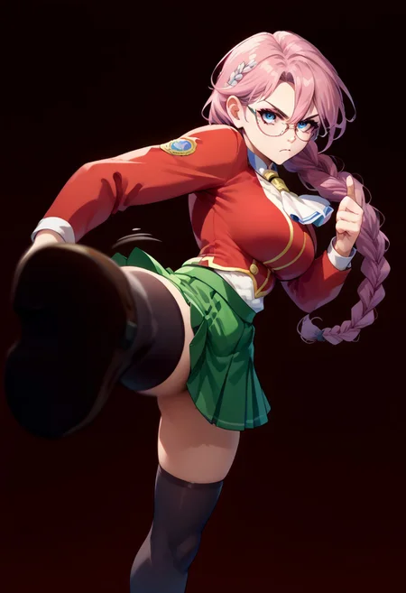 score_9, score_8_up, score_7_up, 1girl, kicking, kicking at viewer, <lora:KickingAtViewer_XLPD:1>, looking at viewer, motion lines, motion blur, emmathors, ascot, blue eyes, braided ponytail, breasts, glasses, loafers, long hair, pink hair, pleated skirt, red jacket, single braid, thighhighs, white shirt, large breasts, <lora:emma-rebake3:0.9>, green skirt,serious