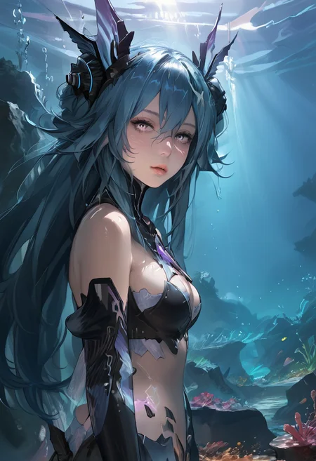 masterpiece, best quality, highres, absurdres, realistic, realistic skin texture, realistic hair, best quality, very aesthetic, perfect face, extremely detailed eyes, score_9, score_8_up, score_7_up
BREAK
1girl, God rays, cowboy shot, underwater, dynamic angle, side view, looking at the viewer, LostLullaby, light purple eyes, blue hair, long hair, Lost clothes, headgear, mermaid mode
BREAK
fairy light, dark light, cute face, (blushing, shy, embarassed, panicking)