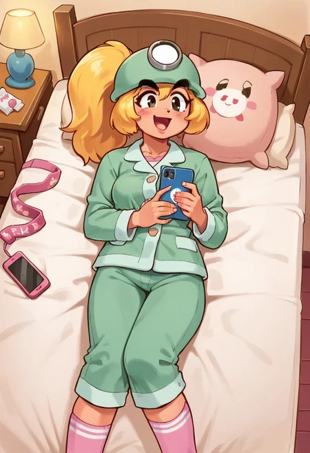 score_9_up, score_8_up, score_7_up score_6_up, 1girl, Goombella, pink skin, blonde hair, ponytail, thick eyebrows, small breasts,
BREAK
jyojifuku, green pajamas, pajamas pants, pink socks, (painted art), (on the bedroom at night), laying on the bed, holding a cellphone, smiling, open mouth,
BREAK
 cowboy shot, dutch angle