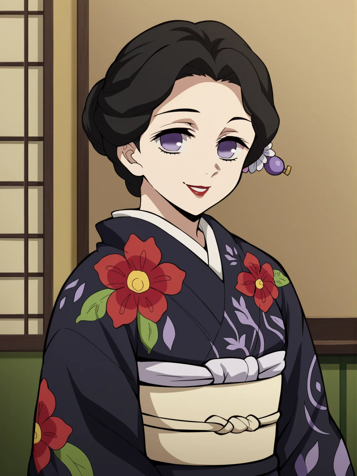 <lora:Tamayo-Kimetsu_no_Yaiba:0.8>,tamayo,1girl,purple eyes,black hair,lipstick,flower,hair ornament,kimono,standing,cowboy shot,smile,looking at viewer, indoors