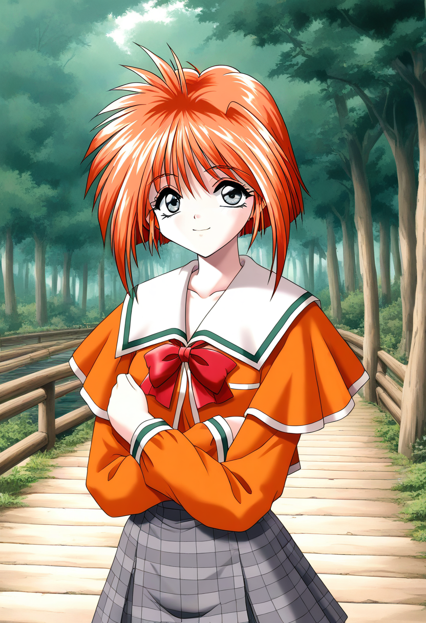general,highres, ultra-detailed,very aesthetic,best quality ,best hands, BREAK <lora:Kawahara_Ayano_Akumu_AoiKajitsunoSange_IS:1>
Kawahara_Ayano, 1girl, solo, short hair, orange hair, small breasts, gray eyes, bangs, happy,
 orange school uniform, ribbon, gray skirt, outdoors,  crossed arms, nature, tree, plaid, 
braid, plaid skirt, bow, forest, half updo, long sleeves, day, serafuku, wood bridge,