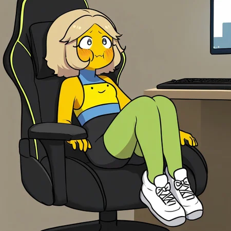 Yunu, 1girl, solo, short wavy light blonde hair with streaks, yellow skin, flushed cheeks, long blue sleeveless shirt that covers her neck, yellow top, black spandex shorts with green tights, white shoes
Yunu sitting in her gaming chair while playing on her PC