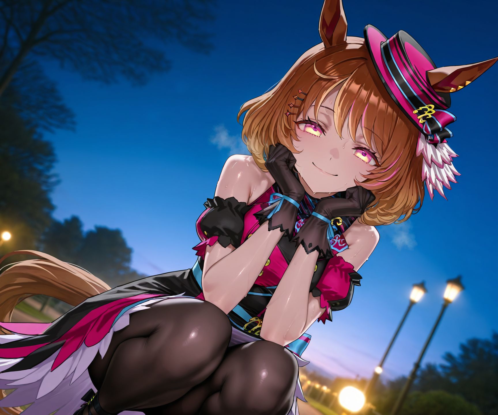 masterpiece, best quality, amazing quality, very aesthetic, high resolution, ultra-detailed, absurdres, newest, scenery, 
1girl, umamusume, north flight \(umamusume\), sweat, wet, steaming body, horse tail, horse girl, gradient hair, 
hat, skirt, gloves, sleeveless dress, black pantyhose, black footwear, bare shoulders, hairclip, 
outdoors, park, night, squatting, straight-on, 
cowboy shot, looking at viewer, smug, <lora:northflightillv1:1>,, glowing, colorful, photorealistic, shiny_skin,dutch angle, <lora:arcain-2411:0.4>,, HDR,photo background,detailed eyes,detailed hands,detailed clothing,detailed shading,dim lighting,chiaroscuro,BREAK depth of field,masterpiece,best quality,amazing quality,very aesthetic,high resolution,ultra-detailed,absurdres,newest,scenery,volumetric lighting,