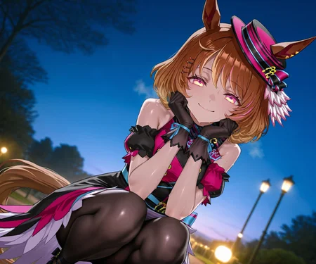 masterpiece, best quality, amazing quality, very aesthetic, high resolution, ultra-detailed, absurdres, newest, scenery,
1girl, umamusume, north flight \(umamusume\), sweat, wet, steaming body, horse tail, horse girl, gradient hair,
hat, skirt, gloves, sleeveless dress, black pantyhose, black footwear, bare shoulders, hairclip,
outdoors, park, night, squatting, straight-on,
cowboy shot, looking at viewer, smug, <lora:northflightillv1:1>,, glowing, colorful, photorealistic, shiny_skin,dutch angle, <lora:arcain-2411:0.4>,, HDR,photo background,detailed eyes,detailed hands,detailed clothing,detailed shading,dim lighting,chiaroscuro,BREAK depth of field,masterpiece,best quality,amazing quality,very aesthetic,high resolution,ultra-detailed,absurdres,newest,scenery,volumetric lighting,