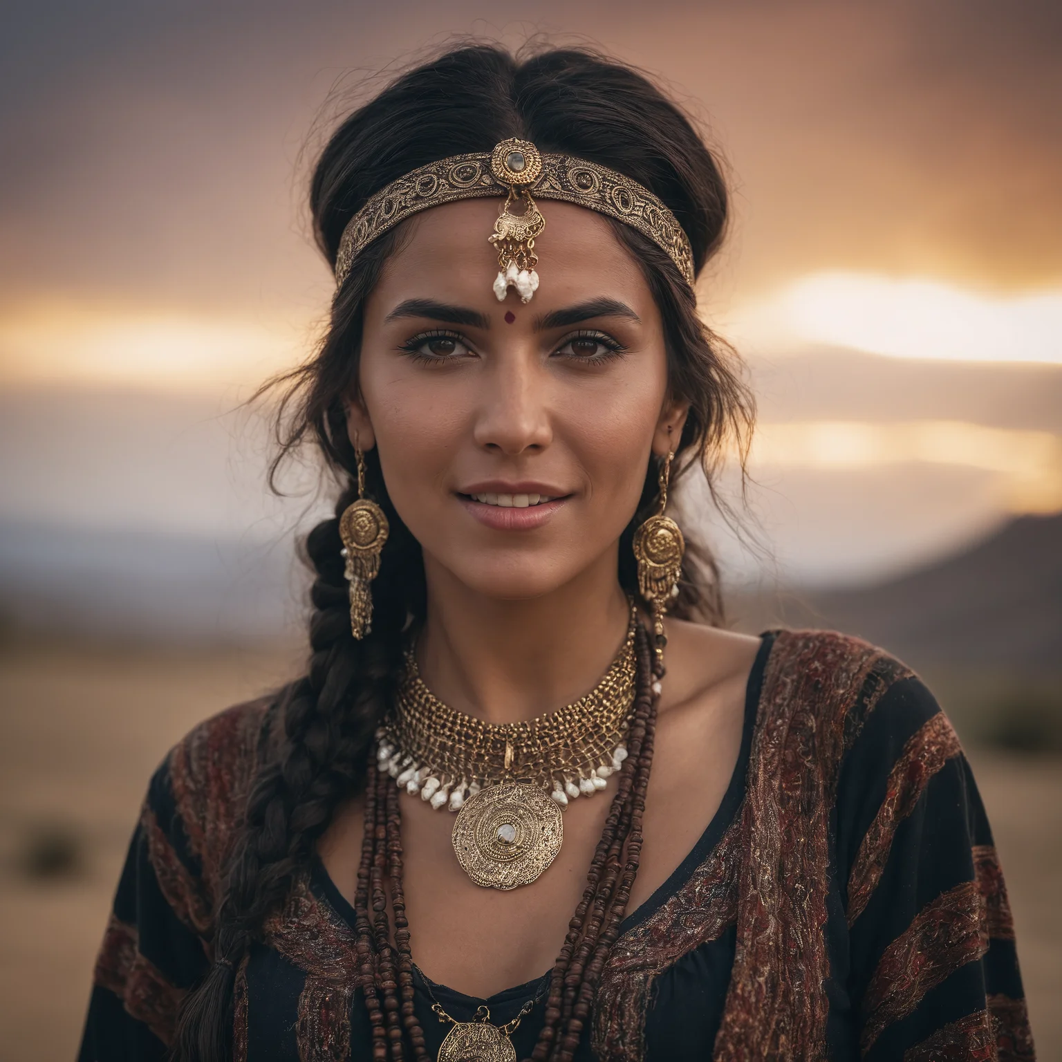 photoshoot, photo studio, RAW photo, editorial photograph, film stock photograph, cinematic, posing, emotional photo of dancing gypsy woman Deidre in rugged ornamental clothes, vintage headband, dark suntanned skin, long messy hair, native ethnic gold necklace, face, perfect teeth, 8k uhd, high quality, film grain, looking at viewer, portrait, (skin pores:1.2), (moles:0.8), (imperfect skin:1.1), intricate details, goosebumps, flawless face, ((photorealistic):1.1), (raw, 8k:1.2), hyper realistic, HDR, cinematic, dark, muted colors, atmosphere, ((macro lens)), after dusk, dark atmosphere, ((focused on eyes)), feminine expressions, photography, 35mm, Nikon D850 film stock photograph, Kodak Portra 400 camera f1.6 lens, 8k, UHD