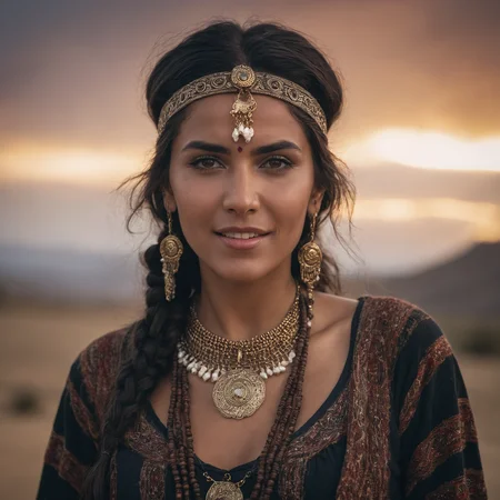 photoshoot, photo studio, RAW photo, editorial photograph, film stock photograph, cinematic, posing, emotional photo of dancing gypsy woman Deidre in rugged ornamental clothes, vintage headband, dark suntanned skin, long messy hair, native ethnic gold necklace, face, perfect teeth, 8k uhd, high quality, film grain, looking at viewer, portrait, (skin pores:1.2), (moles:0.8), (imperfect skin:1.1), intricate details, goosebumps, flawless face, ((photorealistic):1.1), (raw, 8k:1.2), hyper realistic, HDR, cinematic, dark, muted colors, atmosphere, ((macro lens)), after dusk, dark atmosphere, ((focused on eyes)), feminine expressions, photography, 35mm, Nikon D850 film stock photograph, Kodak Portra 400 camera f1.6 lens, 8k, UHD