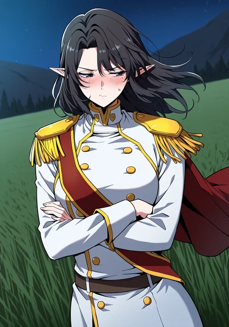 <lora:Aya_Grephin__The_Beginning_After_the_End__Illustrious:1>
1 girl, solo, female elf, medium length black hair, pointed ears, mole under left eye, black eyes,
white military uniform with gold trim, gold shoulder pads, red sash, high collar, double-breasted buttons, golden epaulettes, detailed uniform folds, white pants,
score_9, score_8_up, score_7_up, very aesthetic, source_anime, detailed, high quality, beautiful, masterpiece, detailed eyes, field, blurry background, pose dynamic angle, upper body, cowboy shot, floating hair, half-closed eyes, arms crossed, looking to the side, pouting, sulking, embarrassed, night
