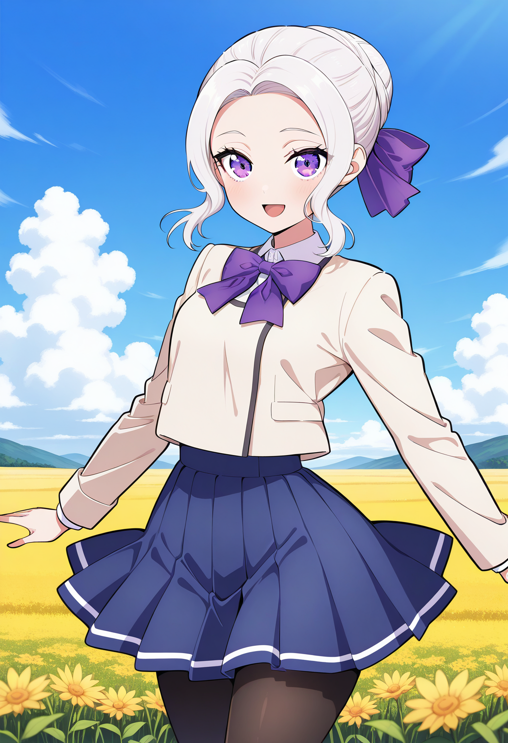 kiryu_shino, purple eyes, white hair, single hair bun, hair ribbon, purple bow, sidelocks, school uniform, beige shirt, long sleeves, pleated skirt, blue skirt, pantyhose <lora:kiryu_shino_illustrious_ver1:0.8>
smile, 1girl, solo, (field:1.2), (blue sky:1.2), looking at viewer,, masterpiece, best quality, general,, (cowboy shot, dynamic pose:1.4),