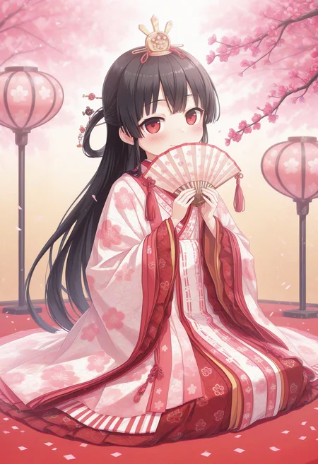 score_9, score_8_up, score_7_up,source_anime,
ohinasama,<lora:ohinasama_Illust_v1:0.8>
japanese clothes, layered kimono, long sleeves, sleeves past wrists, wide sleeves, print kimono, multicolored clothes, multicolored kimono,haori,  hair ornament,hair stick,
branch, pink flower, plum blossoms,
hands up, hand fan, holding fan, covering own mouth,
paper lantern, spring (season),
<lora:Hachiroku_Maitetsu_for_Illustrious:1>hachiroku,,red eyes,long hair,hair rings,black hair, black hair,hair ornament,((blush))smile,
from side, full body, looking at viewer,