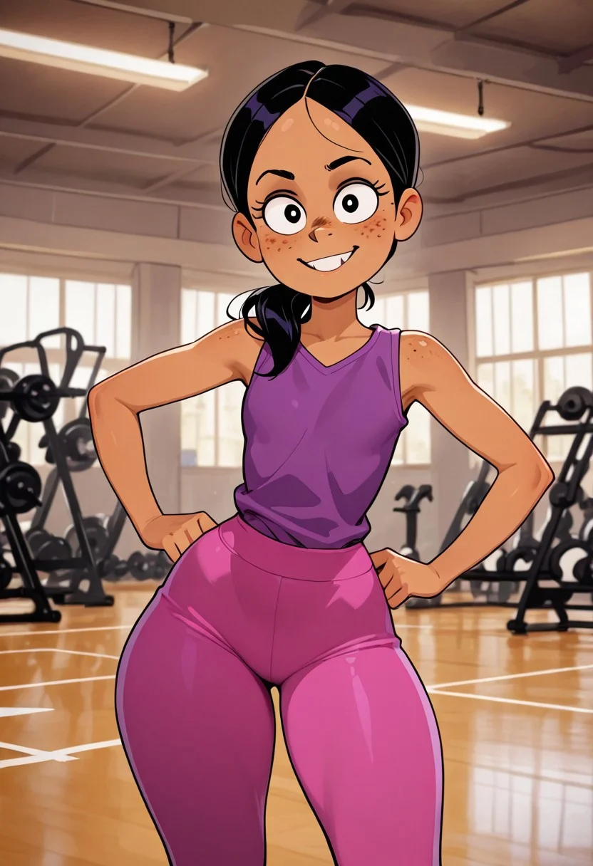 1girl, solo, ronnie anne santiago, brown skin, black hair, long hair, parted bangs, chipped teeth, freckles, wide hips, hands on hips, purple sleeveless top, pink leggings, smiling, standing, indoors, gym, looking at viewer