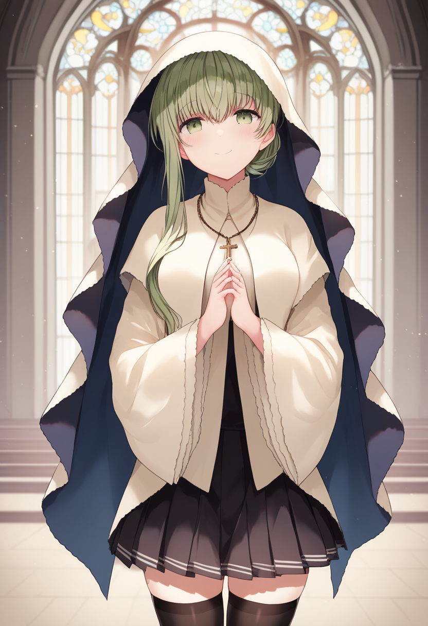 saint_cecilia, single sidelock, very long hair, green eyes, green hair, tied hair, hair bun, official art, medium breasts, white capelet, sleeves past wrists, cross necklace, pleated skirt, black skirt, miniskirt,  black thighhighs, wide sleeves, saint outfit, cross necklace, BREAK indoor, medieval church, church interior, BREAK cowboy shot, looking at viewer, standing,closed mouth, sexy smile, front view, flirty, praying   BREAK score_9, score_8_up, score_7_up, source_anime ,zPDXL,<lora:Saint_Cecilia:0.8>, solo, veil