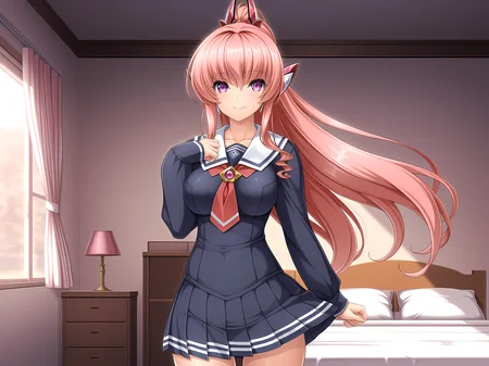 <lora:Ries_-_Illustrious:0.8>,chevalier,lusterise,school outfit,cowboy shot,long hair,large breasts,looking at viewer,indoors,bedroom,smile,, masterpiece,best quality,amazing quality,