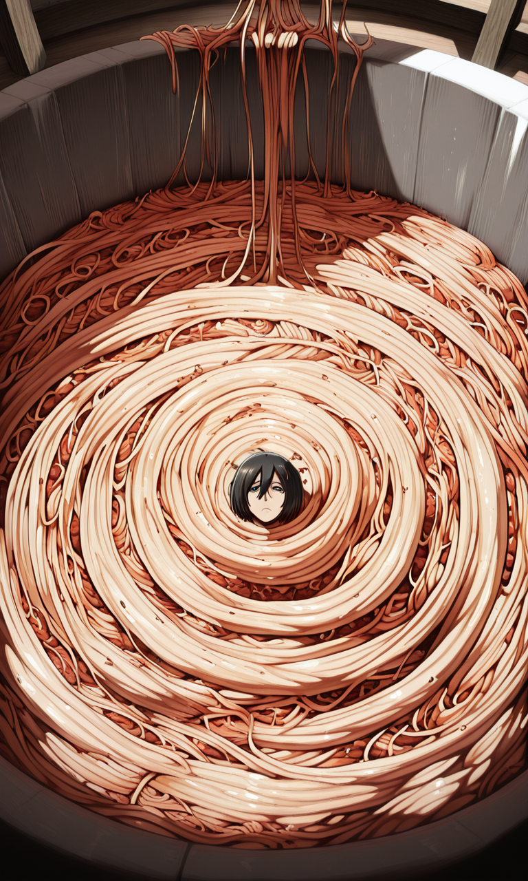 embedding:IllusP0s, Mikasa Ackerman_\(shingeki no kyojin\), in spaghetti, 1girl, solo<lora:spaghetti_eating.safetensors:1:1>