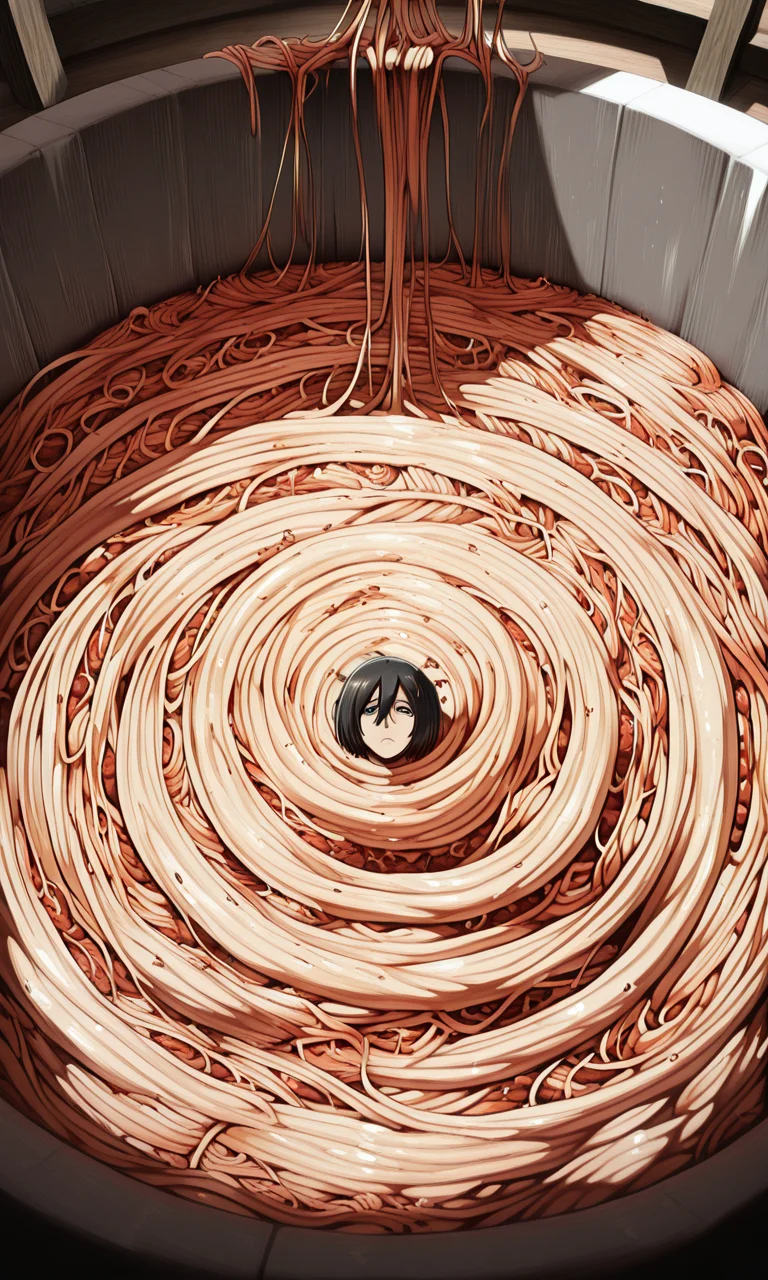 embedding:IllusP0s, Mikasa Ackerman_\(shingeki no kyojin\), in spaghetti, 1girl, solo<lora:spaghetti_eating.safetensors:1:1>