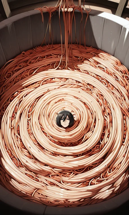 embedding:IllusP0s, Mikasa Ackerman_\(shingeki no kyojin\), in spaghetti, 1girl, solo<lora:spaghetti_eating.safetensors:1:1>