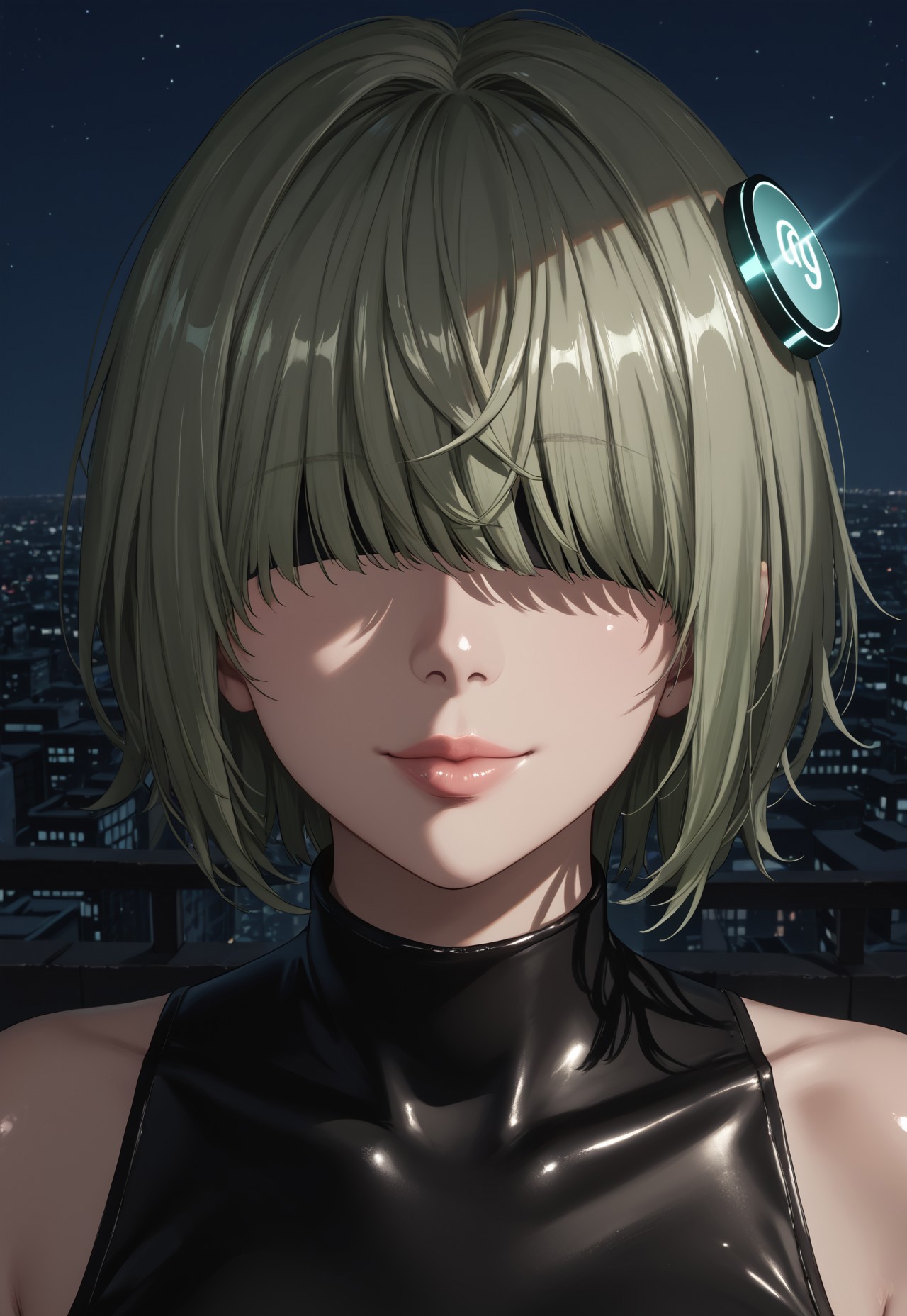 CL_Dummy, short hair, long bangs, (hair over eyes,) light green hair, lipstick, shiny lips, light brown lips, circle hair ornament, (covered eyes,)

face focus, close-up,

looking at viewer, closed mouth, light smile,

rooftop, cityscape, neon lights, billboard, dark, night, night sky, 

1girl, solo, solo focus, highres, absurdres, light particles, backlighting, shade, lens flare, shiny skin, fine fabric emphasis,