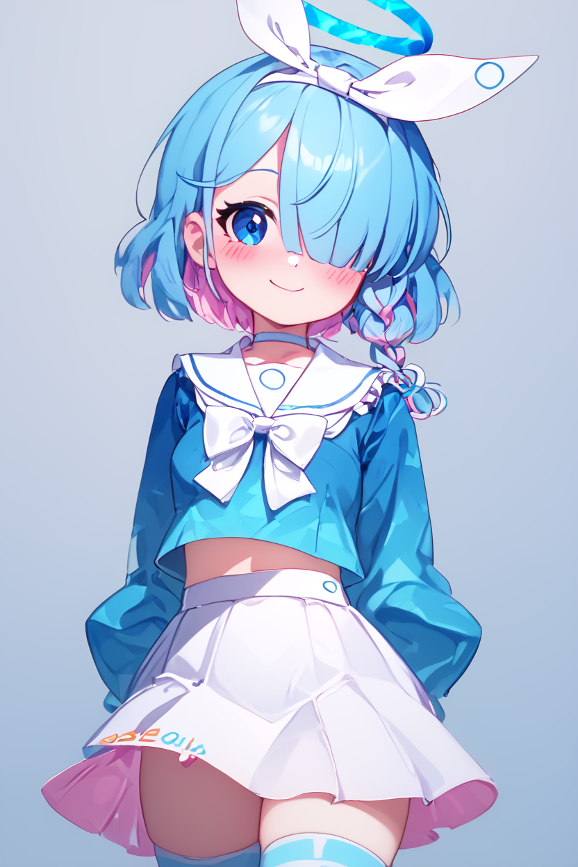 score_9, score_8_up, score_8, medium breasts, (curvy), cute, eyelashes,       BREAK, , ,,, zzArona, blue eyes, blue hair, hair over one eye, bangs, halo, mechanical halo, long sleeves, ribbon, school uniform, serafuku, skirt, white skirt, <lora:Arona_BlueArchive_PDXL:1.0>,   ,,,, BREAK, closed mouth, alternate costume, smile, looking at viewer, blush, ,,, zzLFashion, frilled dress, frills, bow, dress, striped thighhighs, sweetL, cowboy shot, ,,, embedding:zPDXL, Expressiveh, ,,, <lora:Vivid:0.7>, <lora:LFashionPDXL:1>, <lora:Uncensored_PonyXL_cpt_v02.09:0.4>, <lora:Expressive_H-000001:0.4>,