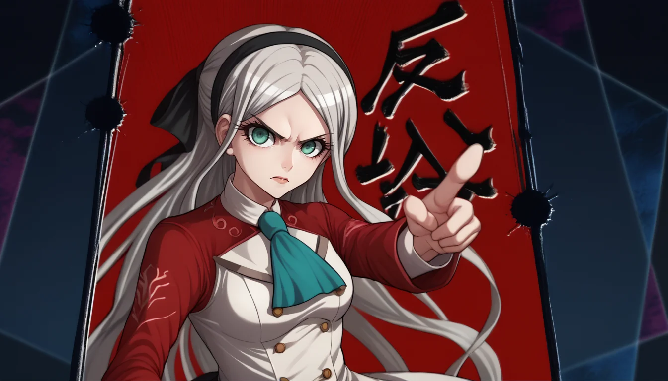 score_9, score_8_up, score_7_up, objection, upper body, multicolored background, red background, kanji, <lora:Danganronpa3ObjectionCutIn_pdxl_Incrs_v1:1.1>, <lora:elie-pdxl-nvwls-v1:1> zeroElie, black hairband, hair ribbon, long hair, ascot, uniform, long red sleeves, white dress, pointing at viewer,