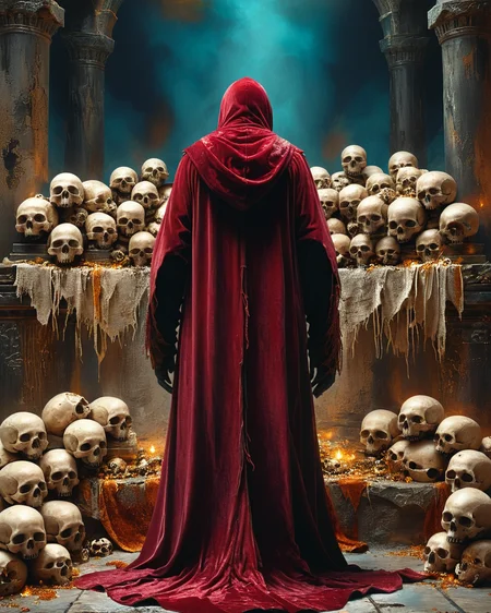 hooded human sorcerer standing in evil temple near a pile of skulls, raised dais, viewed from behind, velvet robe, volumetric lighting, intense colors, <lora:add-detail-xl:1.0>, <lora:xl_more_art-full_v1:0.4>, <lora:XSfenlie:1> fenliexl, <lora:lora:1>, realistic photo