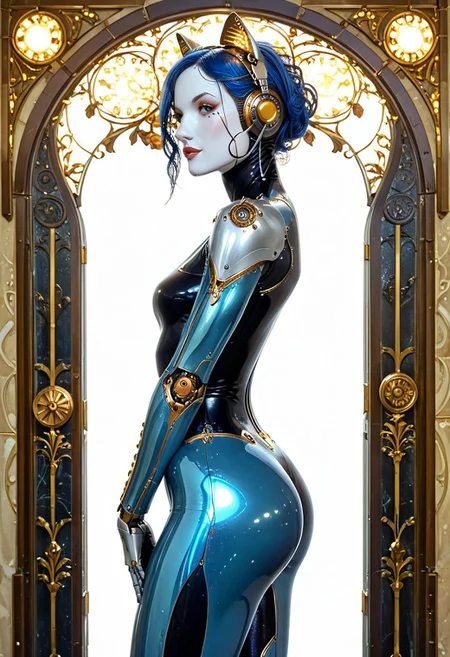 solo, An art nouveau painting  of  a beautiful 20 year old woman, she is a humanoid robot , robotic body, freckles, smooth featureless grey robotic skin, robotic aerials, metallic dark blue hair, elegant metallic blue latex bodysuit with gold trim, catlike robotic ears, painted in art Nouveau style, studio lighting
TheFaceLess, mannequin, faceless, egghead, ArsMJStyle, Art Nouveau