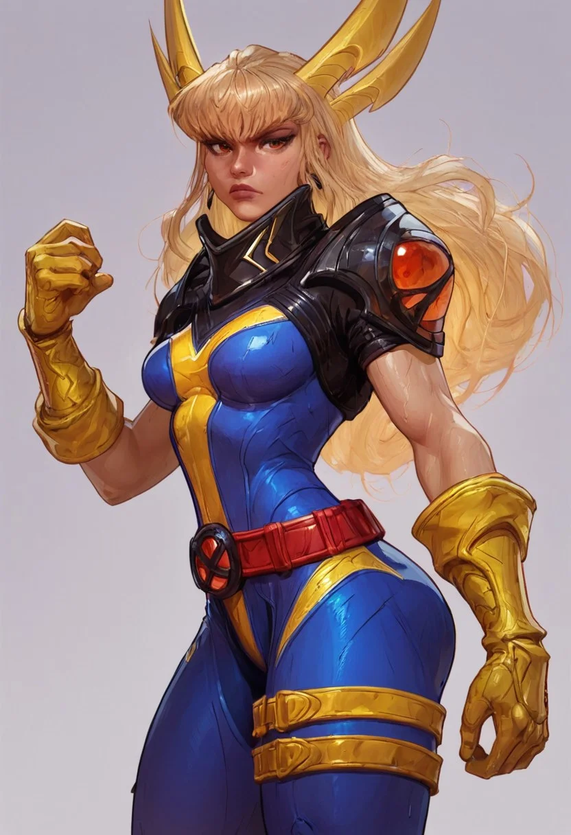 score_9, score_8, score_7, 1girl, beautiful face, magik face, curvy, fit, muscular, blue bodysuit with yellow elements, blonde hair, long hair, magik, xmen uniform, orange eyes, yellow gloves, red belt, yellow boots, black pauldrons, yellow headwear, yellow legwear