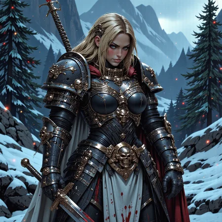 An atmospheric dark fantasy artwork depicts a powerful Viking warrior, a female figure clad in intricate Vikingpunk power armor armor, as she takes a moment of respite in a snowy mountain landscape. With her head bowed, her blonde hair cascades over her face, concealing her expression. She wields a mighty sword, its dark steel stained with the blood of her fallen foes, evident in the crimson snow around her. This classical-style painting captures a cinematic moment, showcasing the beauty and strength of a warrior amidst a harsh and unforgiving environment, leaving viewers captivated by her resilience and the untold stories of her journey. <lora:scifi/fluxVikingPunk_v1:0.4>, <lora:flux/FluxMythP0rtr4itStyle:0.8>, mythp0rt,<lora:scifi/FluxBlackT40k:0.8>, blackt40k,<lora:flux/Herbst_Photo_35mm v2>, herbstphoto,