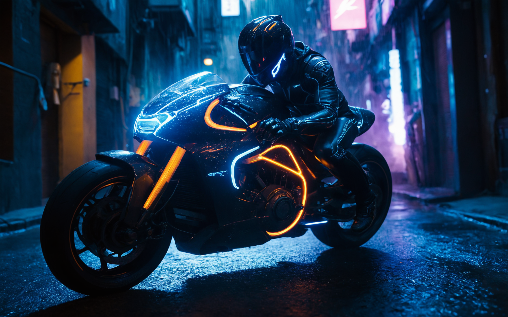 a cyan scifi futuristic concept motorcycle, (TRON rider:1), curvy and aerodynamic, Kowloon walled city narrow winding alleyway, light speed, flash, heavy rain, motion trail, a shining star(sun) in the background, (speed lines:1.1), (motion blur:1.1), high contrast, deep focus, TRON, style by Ridley Scott, Cyberpunk 2077, Bladerunner, fog, mist, epic visual effects, arc lightning, underglow, interstellar, flow, detailed, scifi, extremely detailed textures, star blast, dark vibrant colors, cosmic art, stars in background, headlights, cinematic scene, lens flare, cinematic color grading, film still, god rays, glow, art of Doug Chiang and John Park glowneon, fuji cinestill, light leak, glowing, sparks, lightning, ultra detailed  <lora:add-detail-xl:2>, dramatic lighting  <lora:blacklight_makeup_v2:1> ultraviolet blacklight reactive paint, powerlines, catwalks, alleyway  <lora:SDS_Contrast tool_XL:0.8>