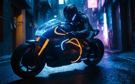 a cyan scifi futuristic concept motorcycle, (TRON rider:1), curvy and aerodynamic, Kowloon walled city narrow winding alleyway, light speed, flash, heavy rain, motion trail, a shining star(sun) in the background, (speed lines:1.1), (motion blur:1.1), high contrast, deep focus, TRON, style by Ridley Scott, Cyberpunk 2077, Bladerunner, fog, mist, epic visual effects, arc lightning, underglow, interstellar, flow, detailed, scifi, extremely detailed textures, star blast, dark vibrant colors, cosmic art, stars in background, headlights, cinematic scene, lens flare, cinematic color grading, film still, god rays, glow, art of Doug Chiang and John Park glowneon, fuji cinestill, light leak, glowing, sparks, lightning, ultra detailed <lora:add-detail-xl:2>, dramatic lighting <lora:blacklight_makeup_v2:1> ultraviolet blacklight reactive paint, powerlines, catwalks, alleyway <lora:SDS_Contrast tool_XL:0.8>