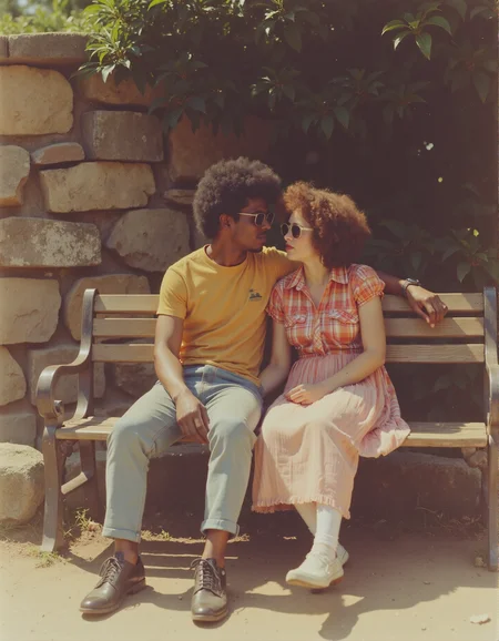 A couple sitting on a park bench up against a rock wall, he has his arm around her. Big hair, afro, sunglasses. <lora:retrograde-80s:0.8> retr0grade80s
