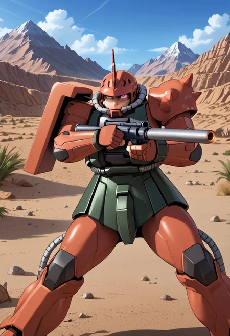score_9, score_8_up, score_7_up, source_anime, cowboy shot, front view, BREAK, ( garma_zaku, pink monoeye, only one eye, (one eye:1.5), looking up and to the side, holding long barrel gun in one hand, , aiming to the side, dynamic action pose, ) 1mech, mech focus, solo, BREAK, desert, mountain, cloudy blue sky,