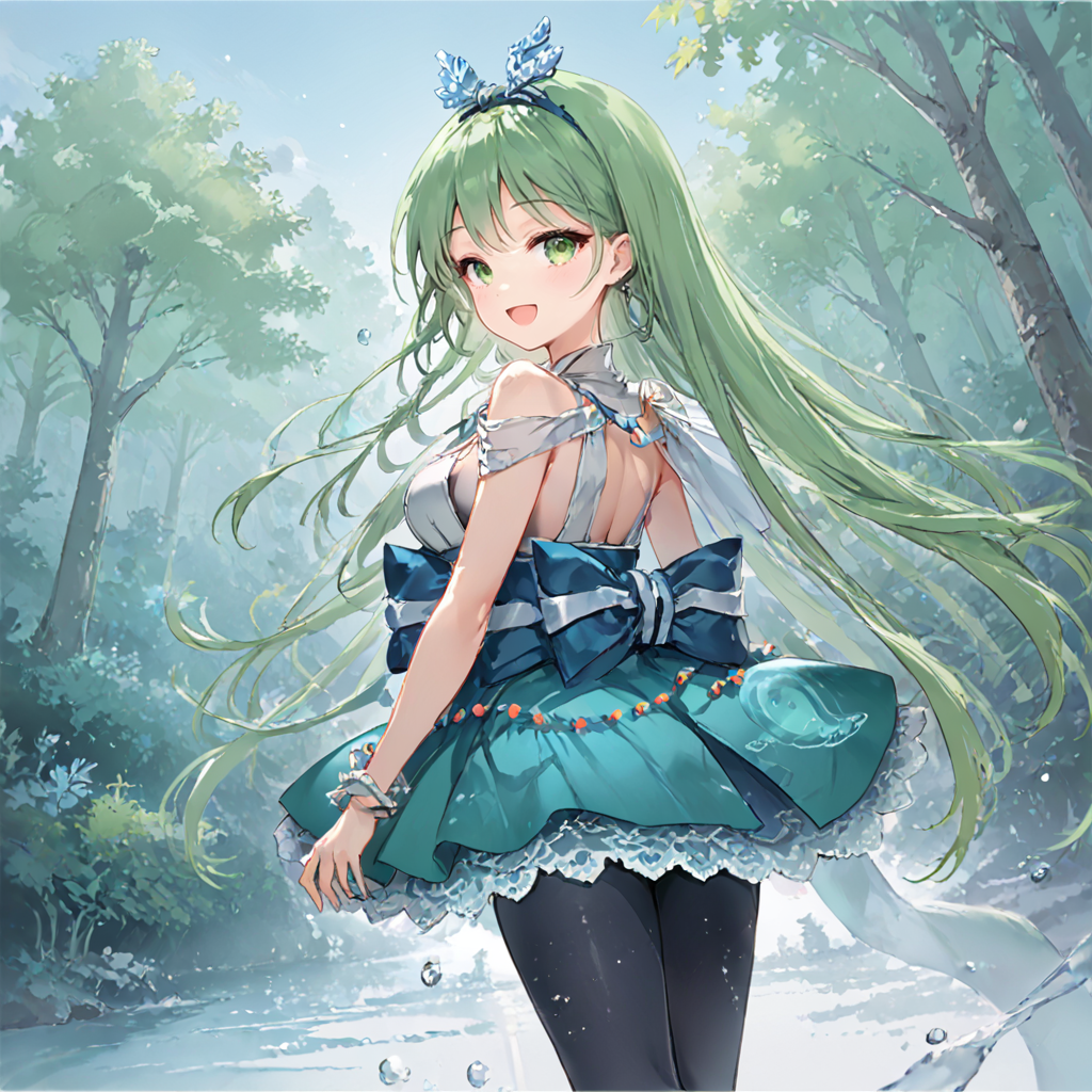 score_9, score_8_up, score_7_up, masterpiece, 1girl, solo, source_anime, chikagi, green hair, green eyes, long hair, hair down, age progression, miko outfit, white dress, green skirt, hairband, black pantyhose, cleavage, forest, outside, good hands,  cowboy shot, smile, open mouth, <lora:Hibiki_and_Chikagi_v2:0.7>
