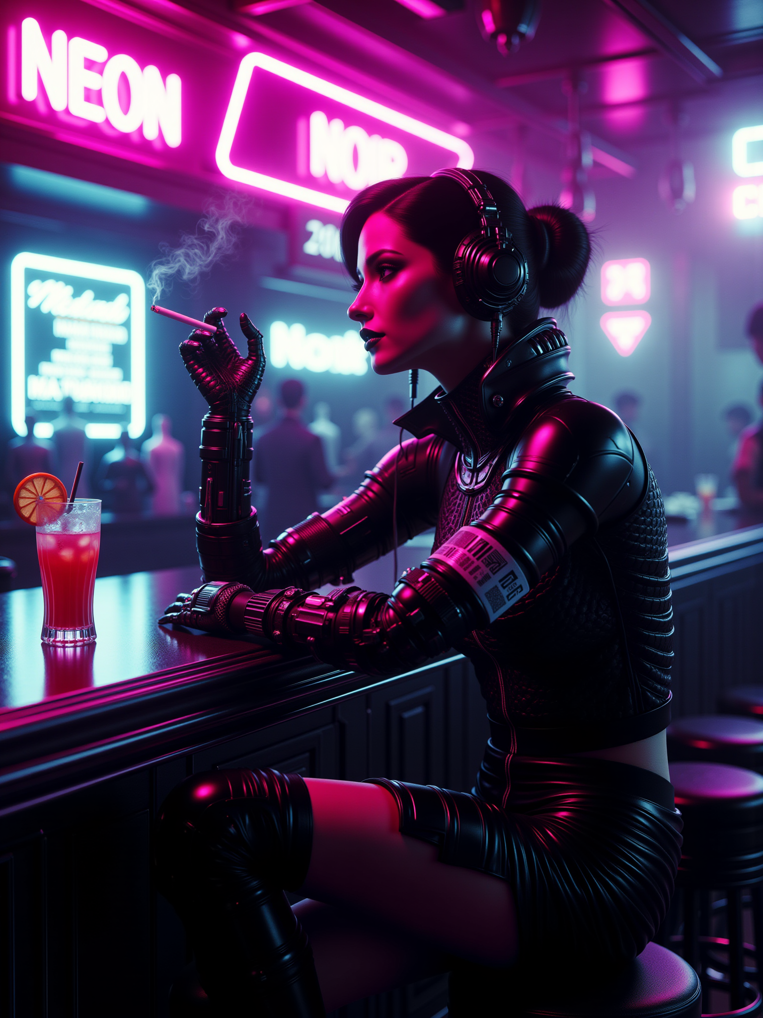 woman sitting at the counter of a futuristic cyberpunk bar wearing futuristic clothing and cybernetic arm leaning on counter holding a drink and cigarette, mad-neon-noir  <lora:Neon_Noir_FLUX:0.8> magenta neon signs "NEON NOIR" , teal neon sign "by maDcaDDie"