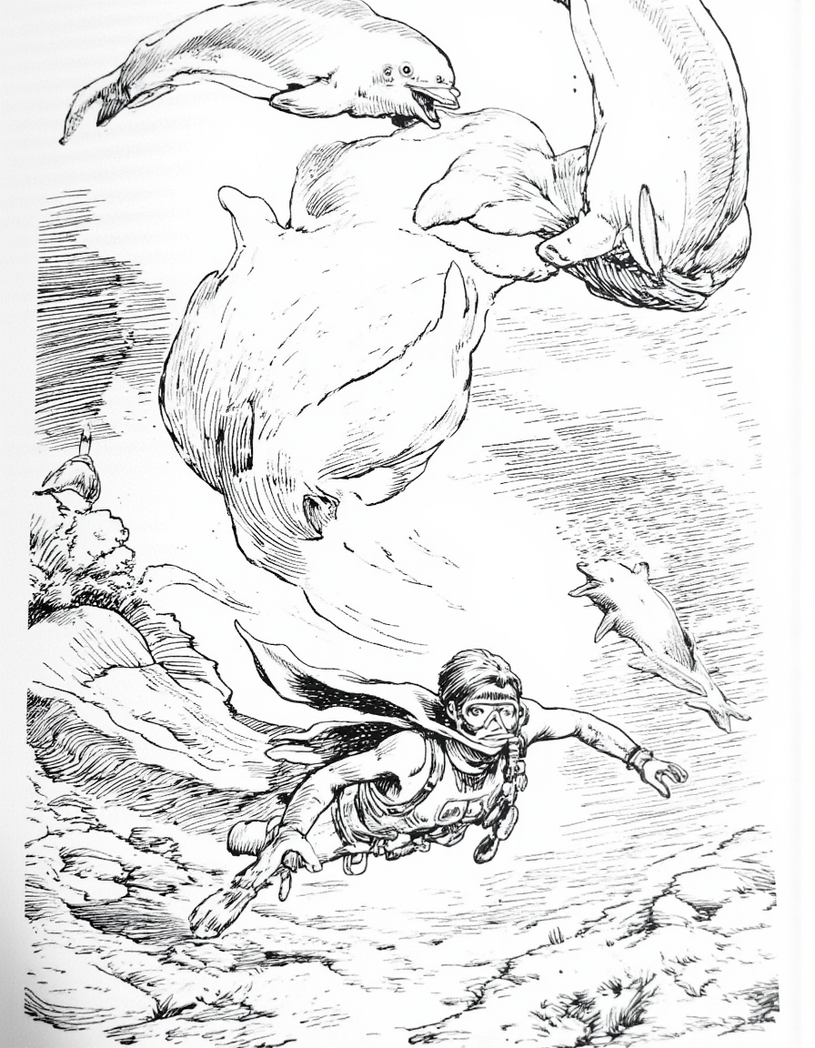 <lora:mig3:1>, This is a black-and-white, hand-drawn illustration in a traditional, detailed style. It depicts a scene underwater, likely in an ocean environment. The central figure is a human diver, depicted in mid-action, swimming towards the bottom right of the image. The diver is wearing a wetsuit and has a snorkel and mask, indicating they are engaged in an underwater exploration or activity. The diver's body is streamlined, with their arms extended forward, and their legs are bent, suggesting movement., 
Surrounding the diver are two large, stylized dolphins. One dolphin is positioned above and to the left of the diver, with its mouth open, suggesting it is about to communicate or interact with the diver. The other dolphin is positioned slightly below and to the right, also with its mouth open, adding to the dynamic and active nature of the scene., 
In the background, there are detailed, wavy lines that suggest the movement of water, and the texture of the ocean floor is indicated with rough, uneven lines. The overall composition is dynamic and energetic, capturing the movement and interaction between the diver and the dolphins in a vivid and detailed manner.