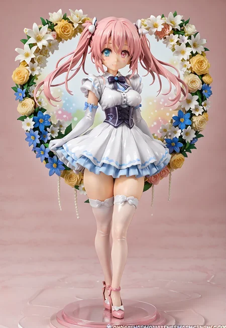 score_9, score_7_up, source_anime, woman, light pink hair, twintails, hair between eyes, sidelocks, heterochromia, blue and pink eyes, gradient eyes, thick eyelashes, medium breasts. white thighhighs, elbow gloves, dress, thick thighs, pastel colors, flowers pattern background, particles, <lora:aniplex-figurines-ponyxl-lora-nochekaiser:1>, aniplex figurines, 1girl, solo,
