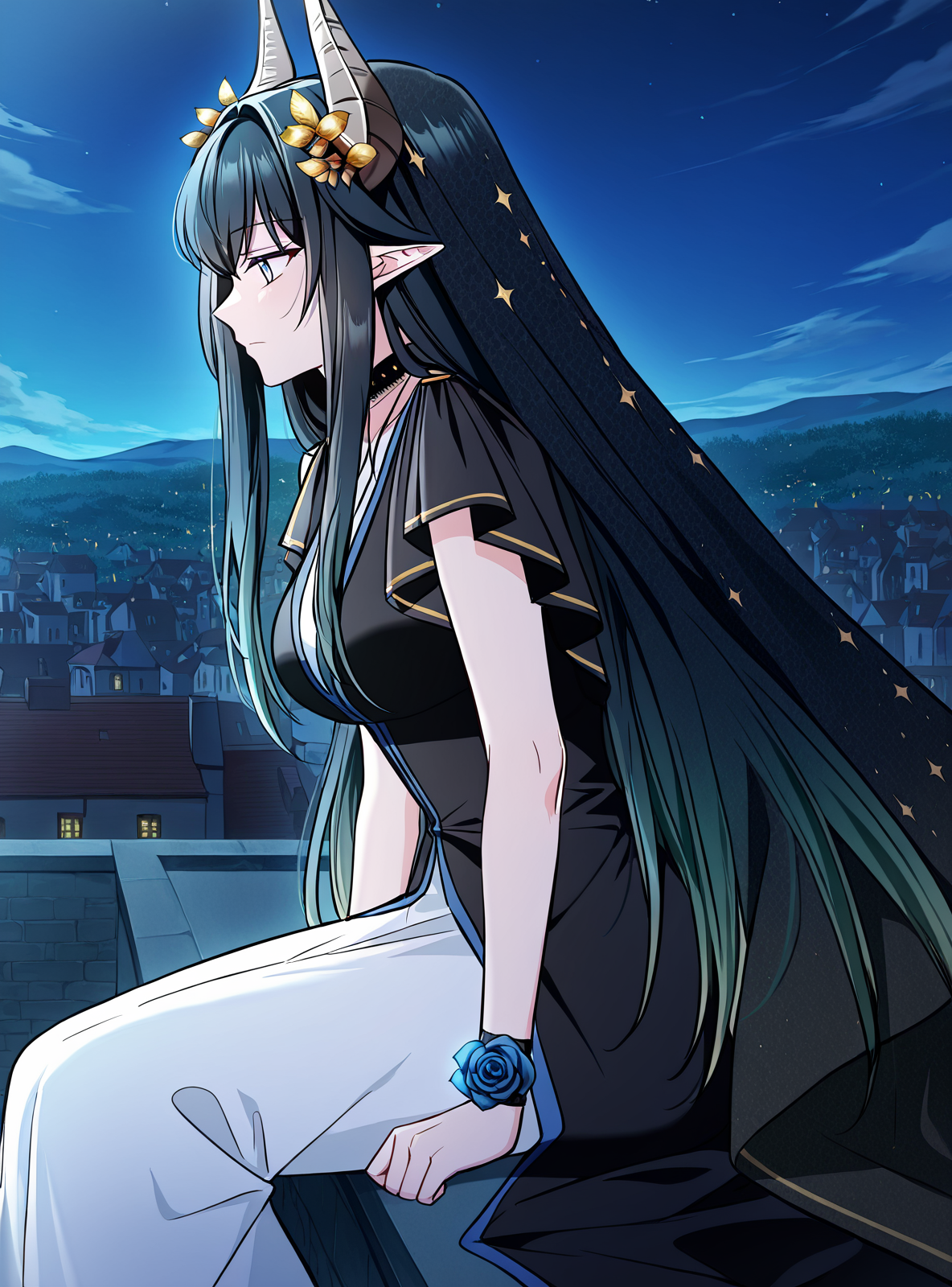 <lora:Regressor_Instruction_Manual__Dialugia:1>
1 girl, solo, long hair, straight hair, black hair, greenish blue hair, gradient hair, bangs, hair ornament, golden flowers, elf ears, horned girl, horns, 
white dress, black outer robe, blue lining, blue trim, black cloak, starry cloak, layered outfit, black and gold accents, golden trim, choker, black choker, sleeveless dress, long dress, open cloak, necklace, blue rose bracelet
score_9, score_8_up, score_7_up, score_6_up, source_anime, masterpiece, best quality, absurdres, highres, newest, anime coloring <break>  1girl, solo, sitting, on wall, from side, town, night sky, cloud