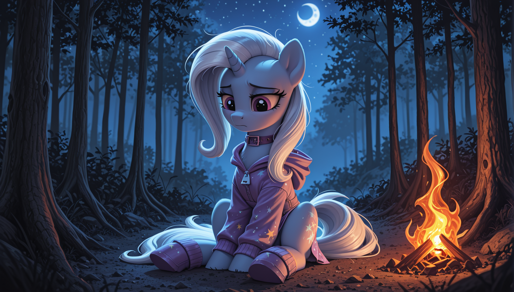 resolution, masterpiece, high resolution, (SOLO: 1.2) my little pony, friendship is magic, wild, detailed background,
sits next to the fire, next to the cart, NIGHT,FOREST,SAD
Trixie human, purple eyes, long, voluminous hair, light silver-white with white and light purple streaks. Light, almost pastel blue skin. Overall, her build is slim and proportional.
She wears a light blue hooded jacket with a zipper and purple accents around the sleeves and collar. Underneath, she wears a light purple short skirt with a pattern of a moon and stars. On her feet, she wears tall light blue boots with purple trim around the ankles. There are no visible jewelry or accessories.  <lora:Trixie:1>