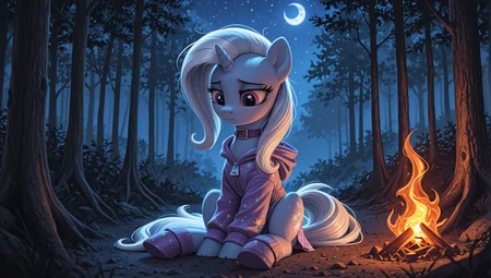 resolution, masterpiece, high resolution, (SOLO: 1.2) my little pony, friendship is magic, wild, detailed background,
sits next to the fire, next to the cart, NIGHT,FOREST,SAD
Trixie human, purple eyes, long, voluminous hair, light silver-white with white and light purple streaks. Light, almost pastel blue skin. Overall, her build is slim and proportional.
She wears a light blue hooded jacket with a zipper and purple accents around the sleeves and collar. Underneath, she wears a light purple short skirt with a pattern of a moon and stars. On her feet, she wears tall light blue boots with purple trim around the ankles. There are no visible jewelry or accessories. <lora:Trixie:1>
