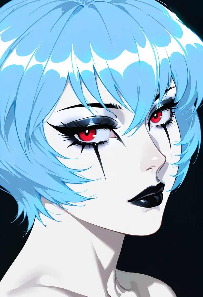 1girl,solo,looking at viewer, echo (circa), gothic makeup, eyeliner, black lips, ayanami_rei,portrait,