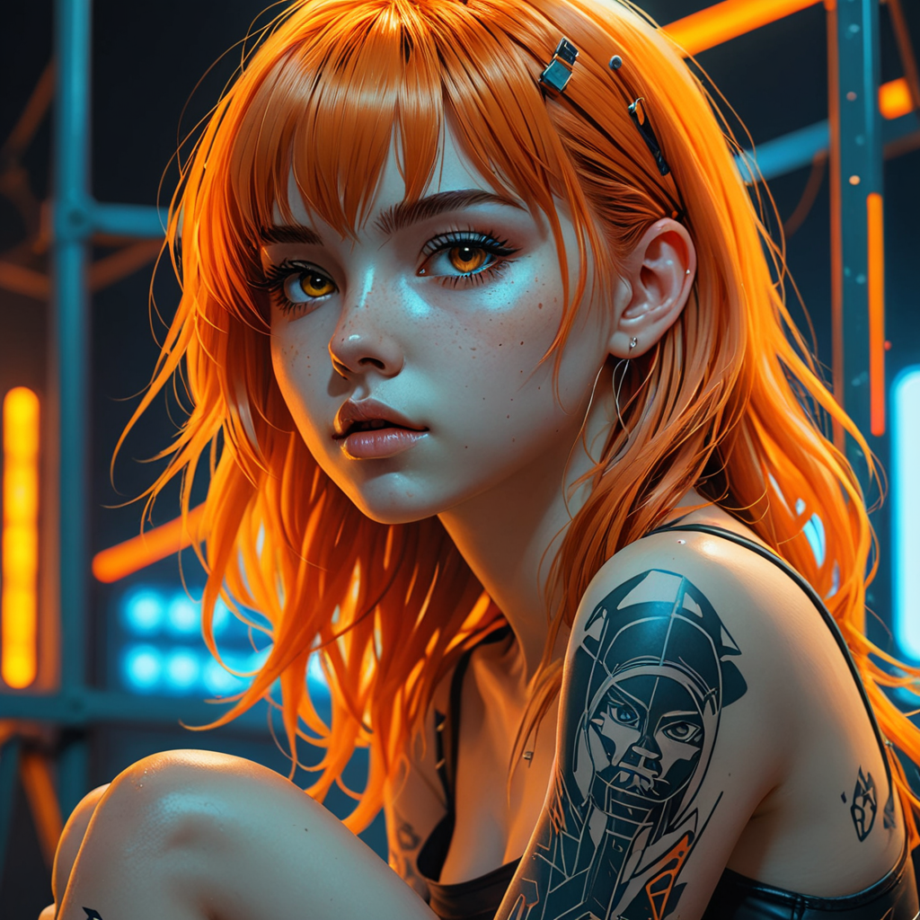 manga style, hyper-detailed portrait of a full-body girl sitting on a steel ladder, profile, cyberpunk, (Mindful Machine Art style, Ilya Kuvshinov, Anna Dittmann), geometric tattoos, perfect orange eyes, direct gaze, bright colors, very contrast high, side lighting, straight orange hair, medium long hair, straight bangs, hair that covers half of the face, blue tones, background with neon structures, hyper-realistic, 3D rendering, 4K