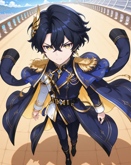 masterpiece, amazing quality, best quality, absurdres, very aesthetic,
1boy, solo, yaoi, male focus, full body, from above, standing, looking at viewer, face focus,
<lora:Noah_Celestia_ilxl:1> noahcl, short hair, black hair, hair between eyes, yellow eyes, crossed bangs, v-shaped eyebrows,
gold trim, blue coat, vertical-striped pants, coat on shoulders, blue capelet, patterned clothing, jacket on shoulders, epaulettes, two-sided fabric, blue jacket, long sleeves, black pants, blue pants, idol clothes, white shirt, stole, yellow coat, pinstripe pattern, waist cape, vertical-striped clothes, two-sided coat, blue robe, yellow belt, blue cape, double-breasted, black belt,
black footwear, high heel boots, fold-over boots,
jewelry, wing hair ornament, black sash, aiguillette, earrings, ring, side cape, tassel, bracelet, sleeve cuffs,
outdoors, day, blue sky,